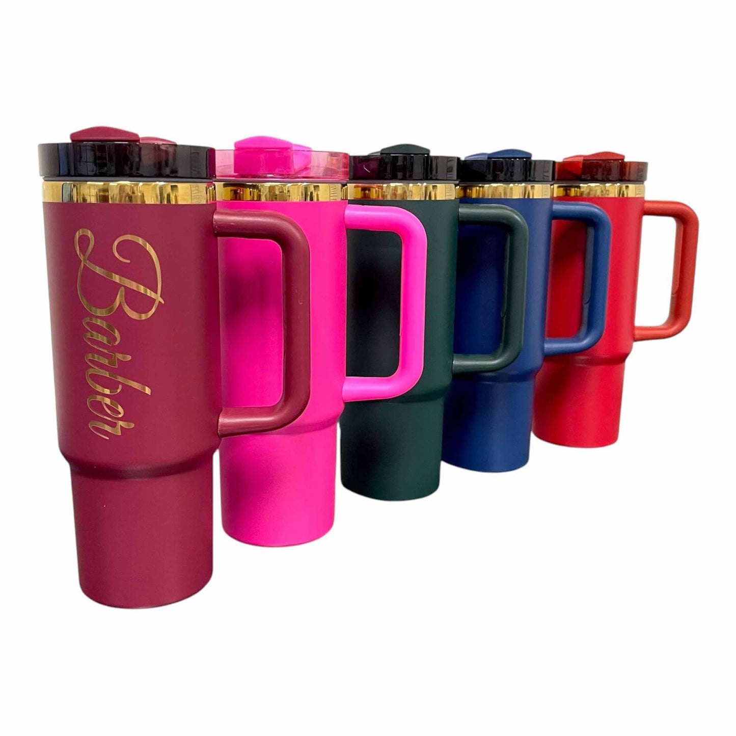 30oz Personalized Laser Engraved Stainless Steel Tumbler with Handle Rainbow Prism or Gold Plating