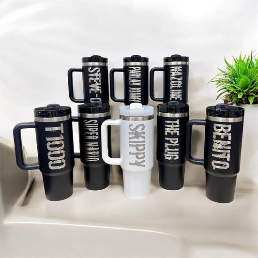 Personalized, Laser Engraved 40oz Stainless Steel Tumbler with Handle.