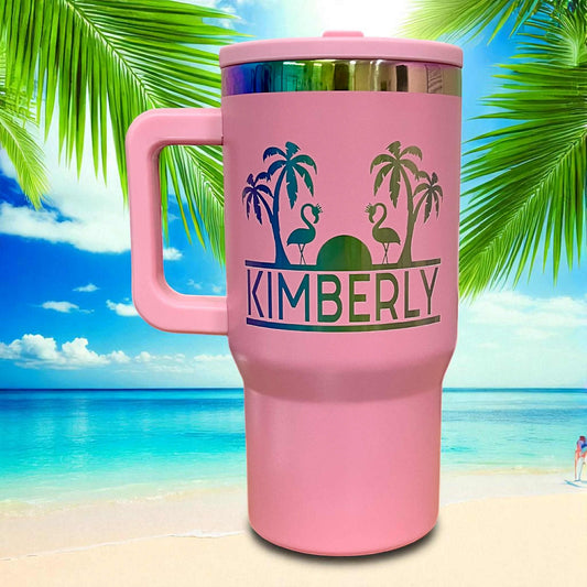 20oz Personalized Laser Engraved Rainbow Plated Stainless Steel Cup with Flip Straw and Handle