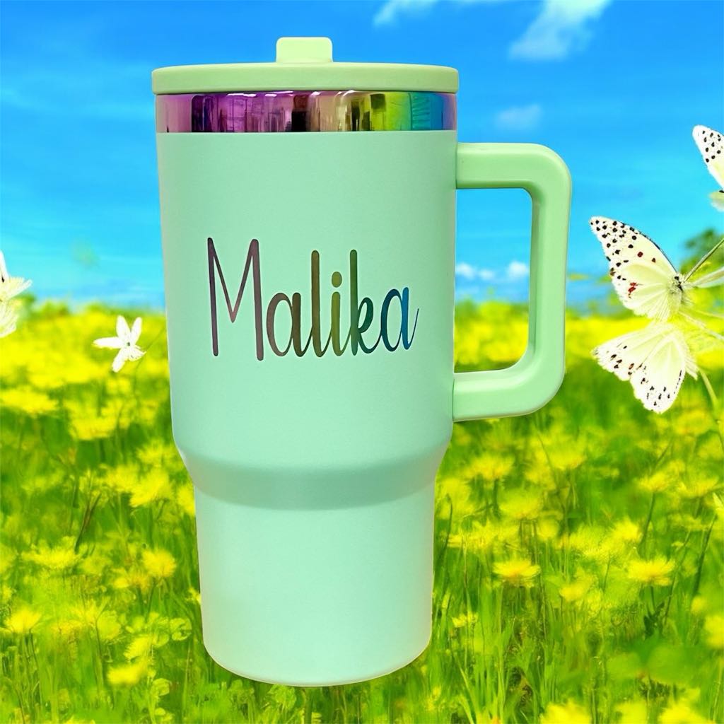 20oz Personalized Laser Engraved Rainbow Plated Stainless Steel Cup with Flip Straw and Handle