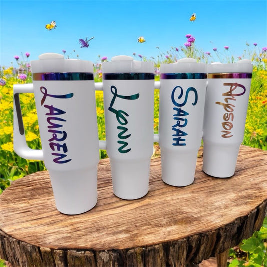 30oz Stainless Steel Stanley Dupe Tumbler with Handle Rainbow or Gold Plating