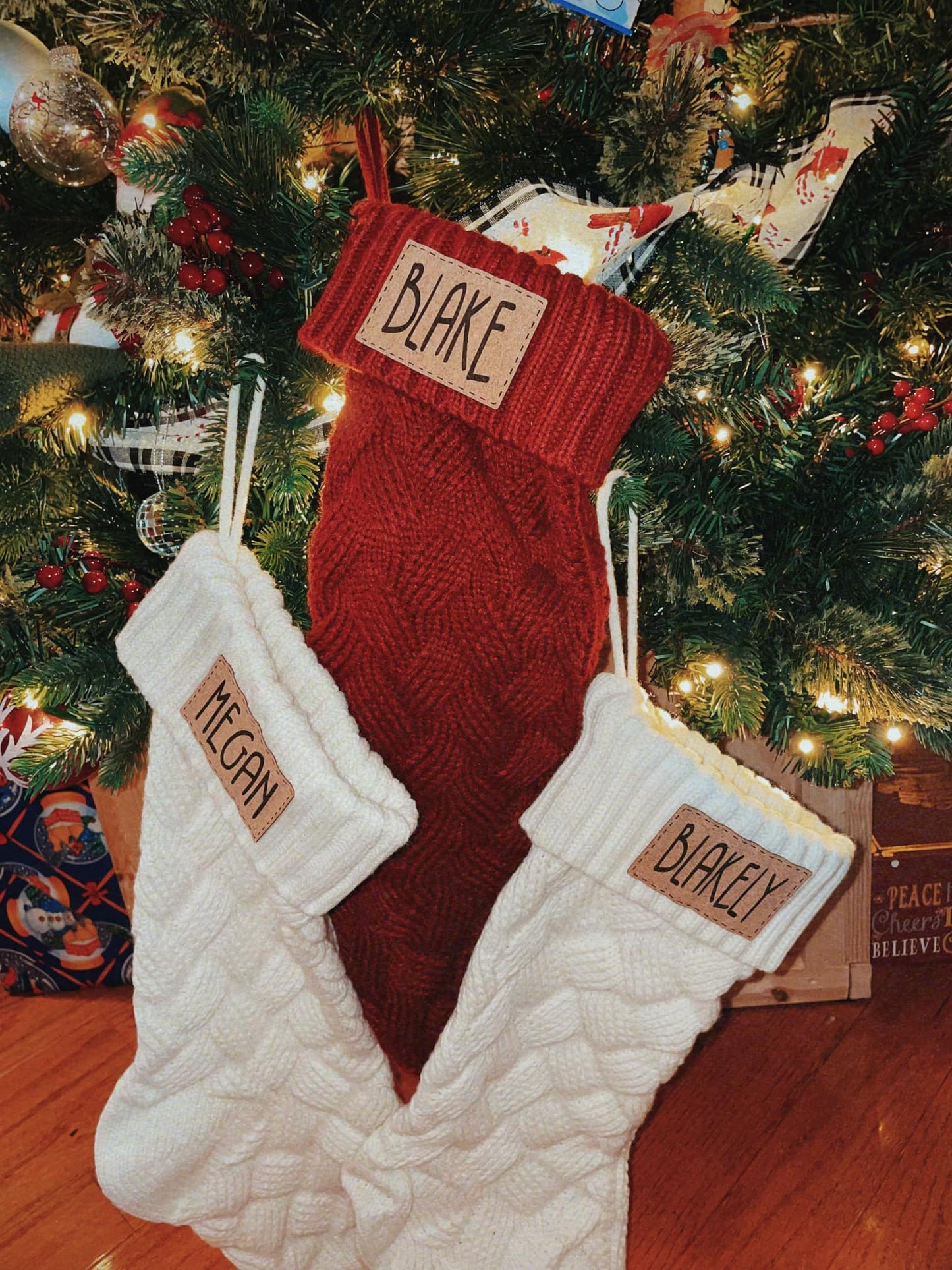 Cable Knit Christmas Stockings, Laser Engraved Custom Leather Patch Stockings