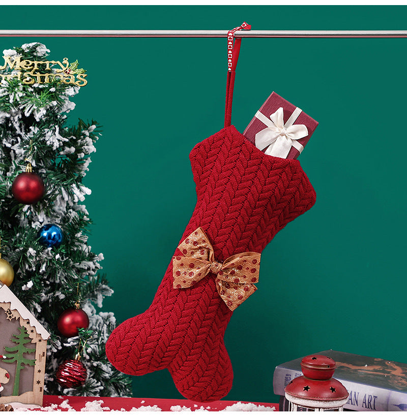 Cable Knit Pet Christmas Stockings, Laser Engraved Custom Leather Patch Monogram Dog Bone Stockings
