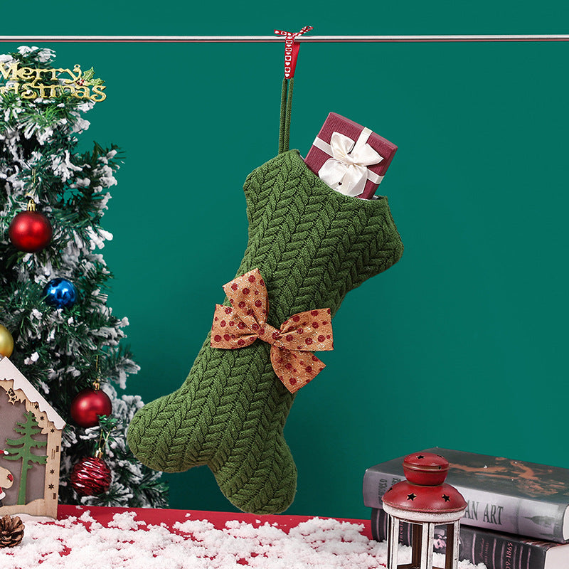 Cable Knit Pet Christmas Stockings, Laser Engraved Custom Leather Patch Monogram Dog Bone Stockings