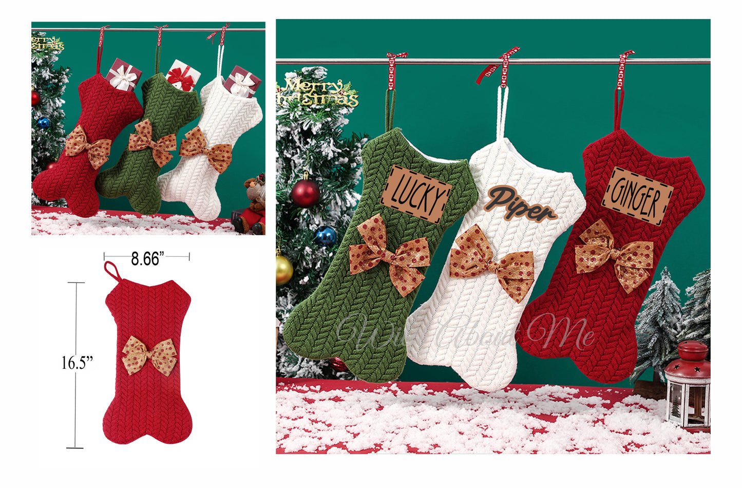 Cable Knit Pet Christmas Stockings, Laser Engraved Custom Leather Patch Monogram Dog Bone Stockings