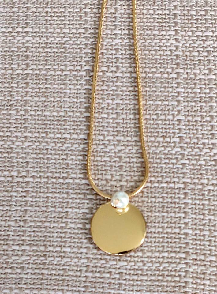 Silver or Gold Monogram Disc Necklace with Pearl Dangle