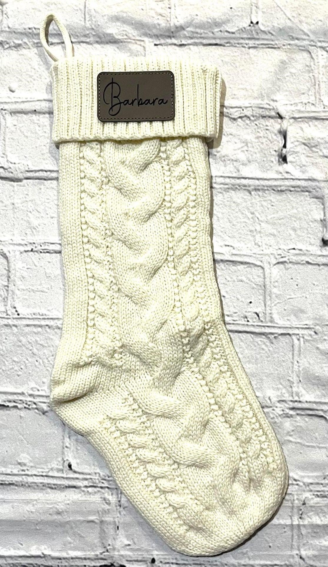 Cable Knit Christmas Stockings, Laser Engraved Custom Leather Patch Stockings