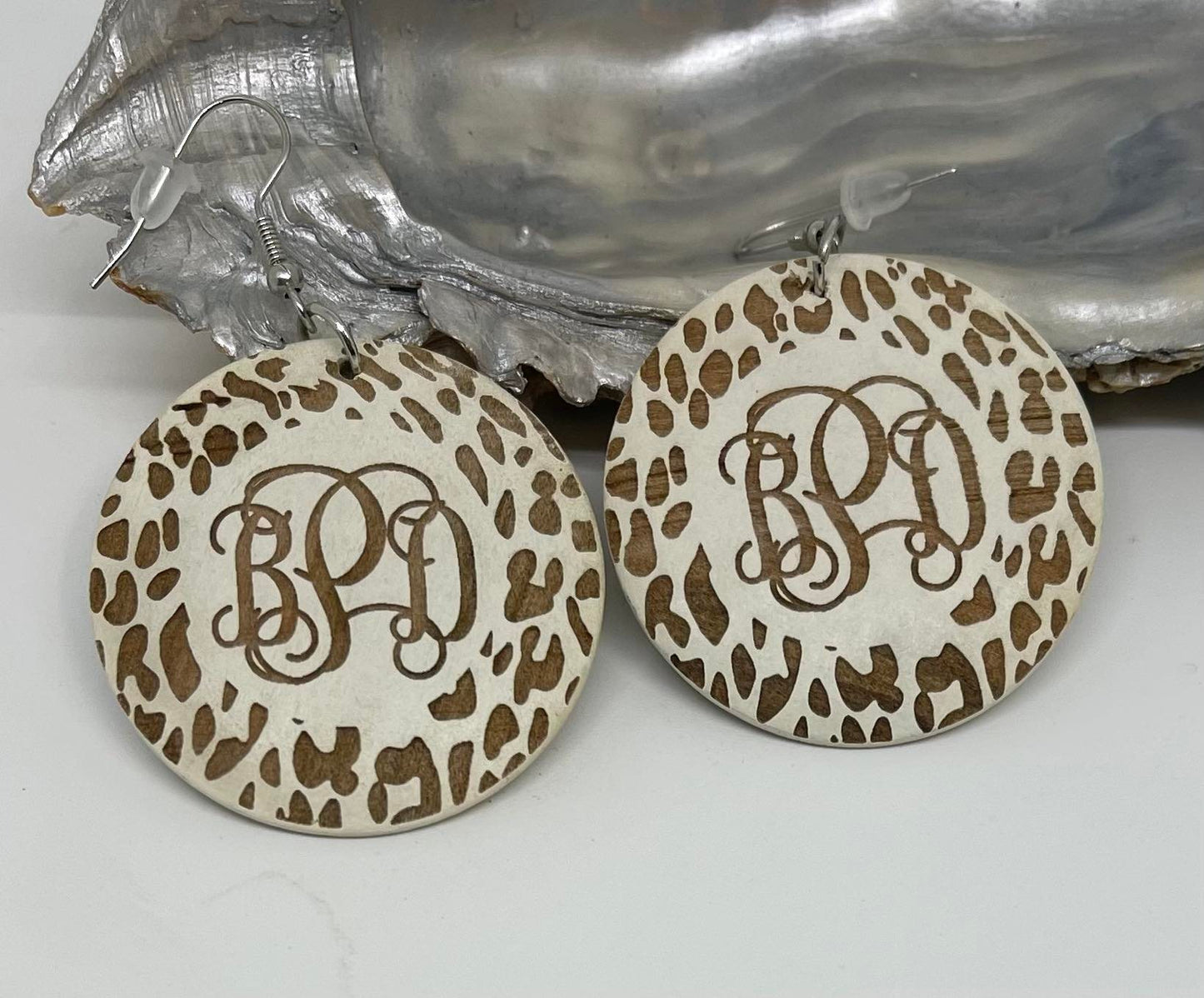 Wood Disc Leopard Earrings