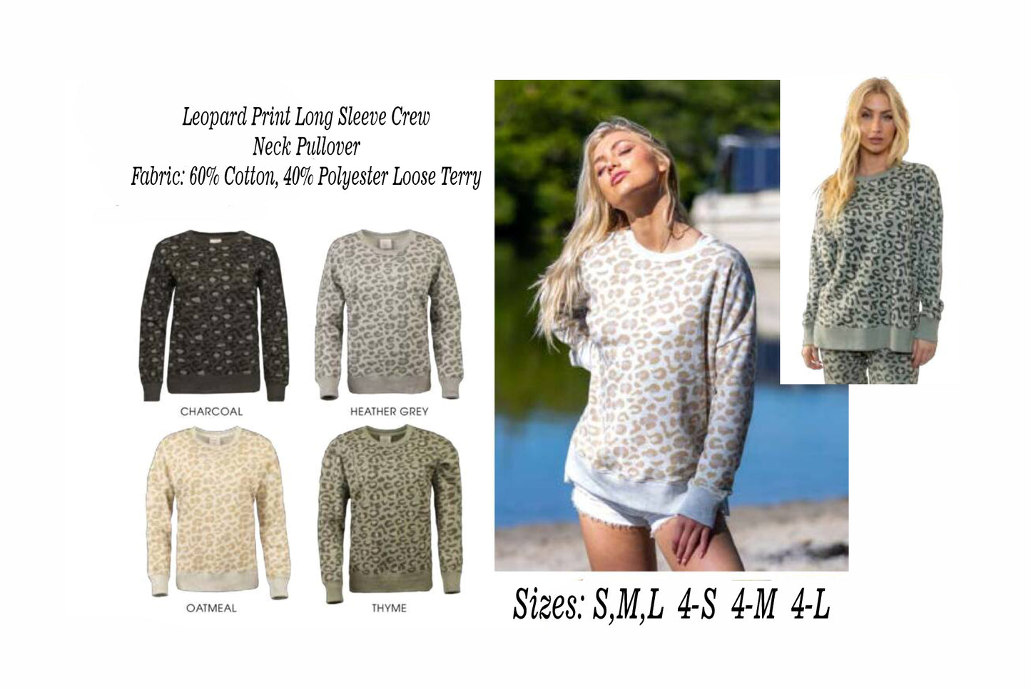 Leopard Print Long Sleeve Sweatshirt Pullover with Split Sides