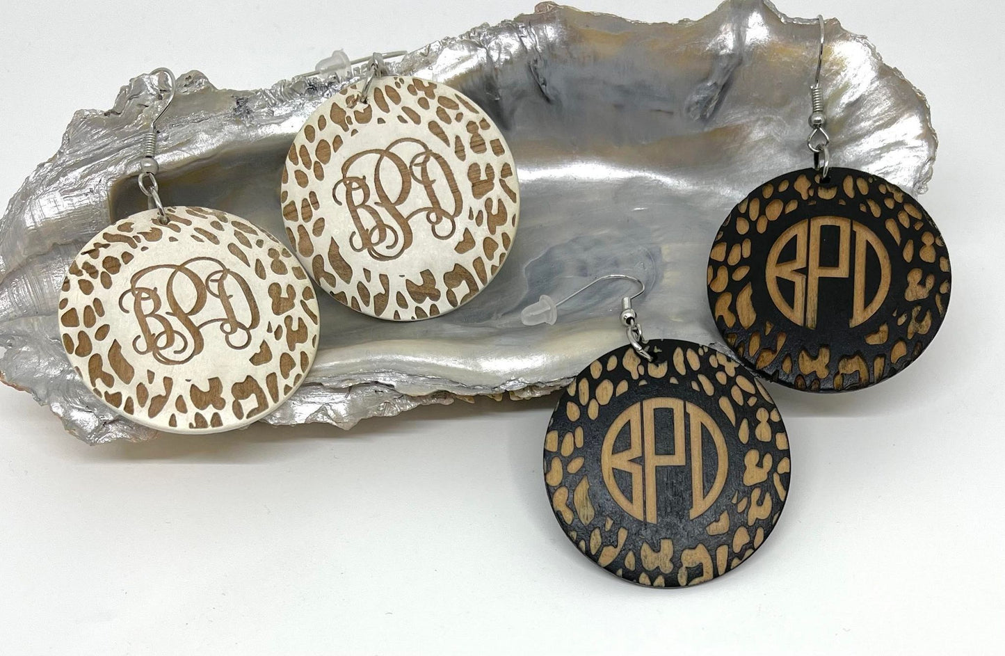 Wood Disc Leopard Earrings