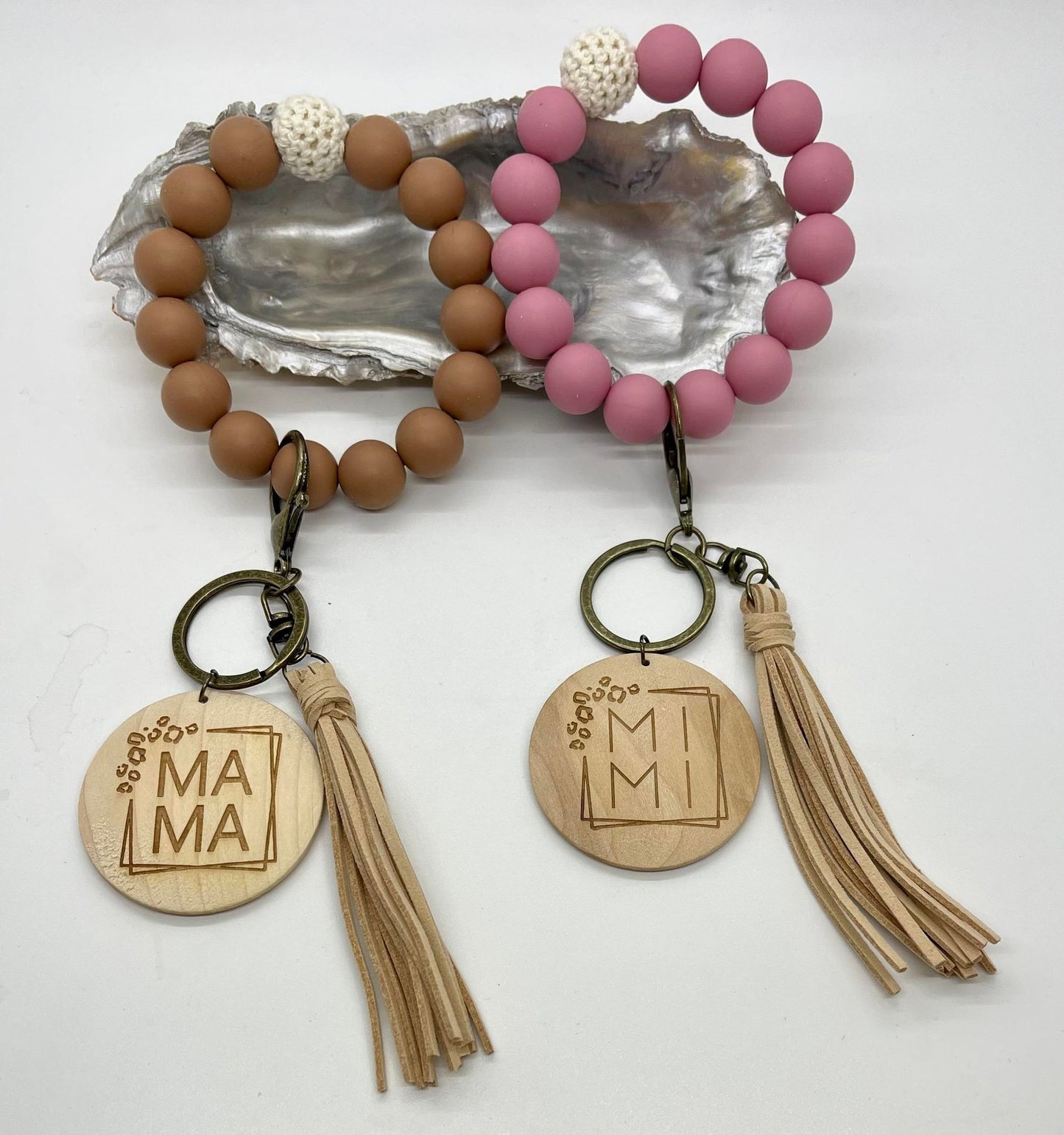 Silicone Beaded Stretch Keychain Bracelet with Monogram Wood Disc