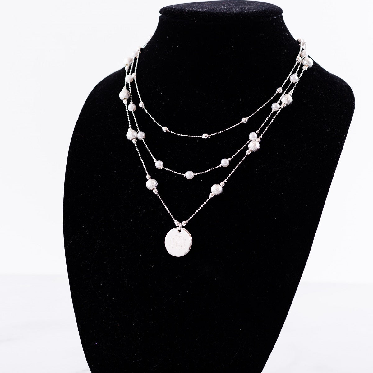 Silver Triple Strand Pearl Monogram Necklace