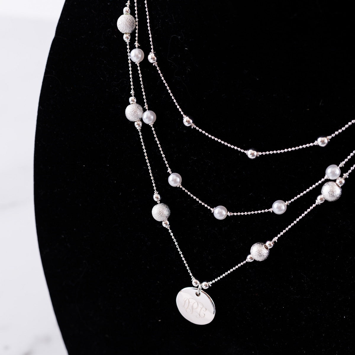 Silver Triple Strand Pearl Monogram Necklace