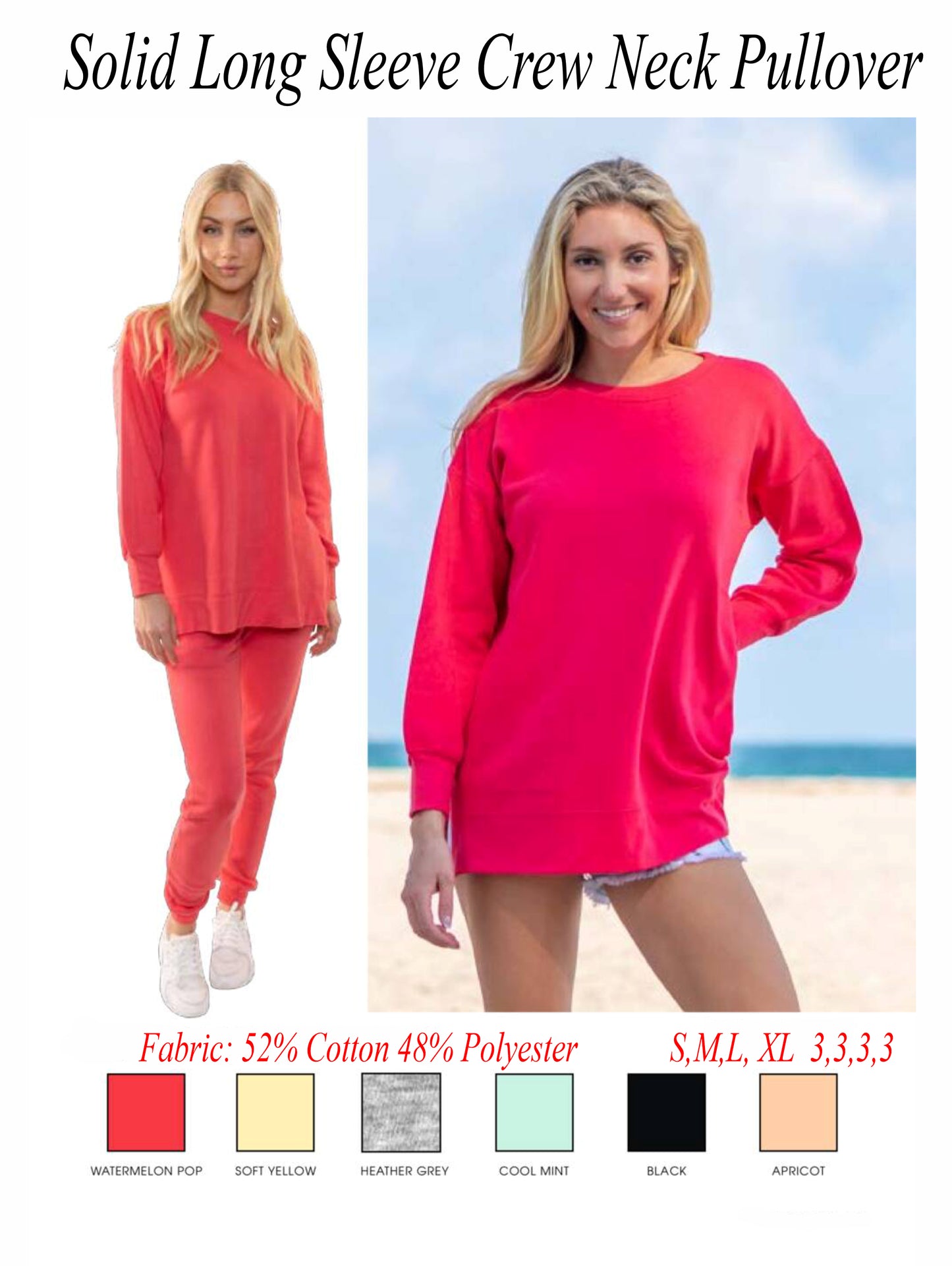 Solid Crew Neck Sweatshirt Pullover with Split Sides
