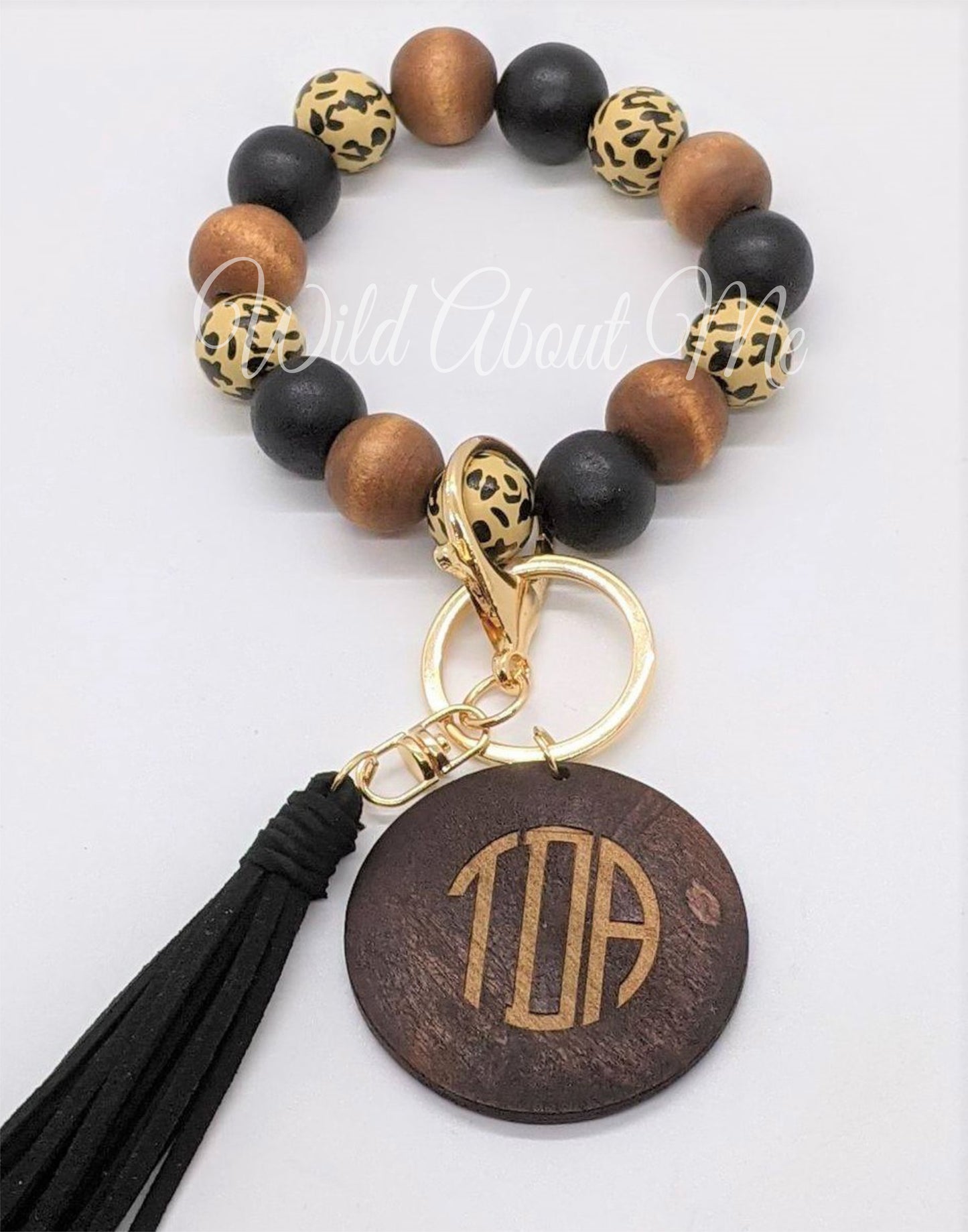Wood Beaded Leopard Mix Keychain Bracelet with Monogram Wood Disc