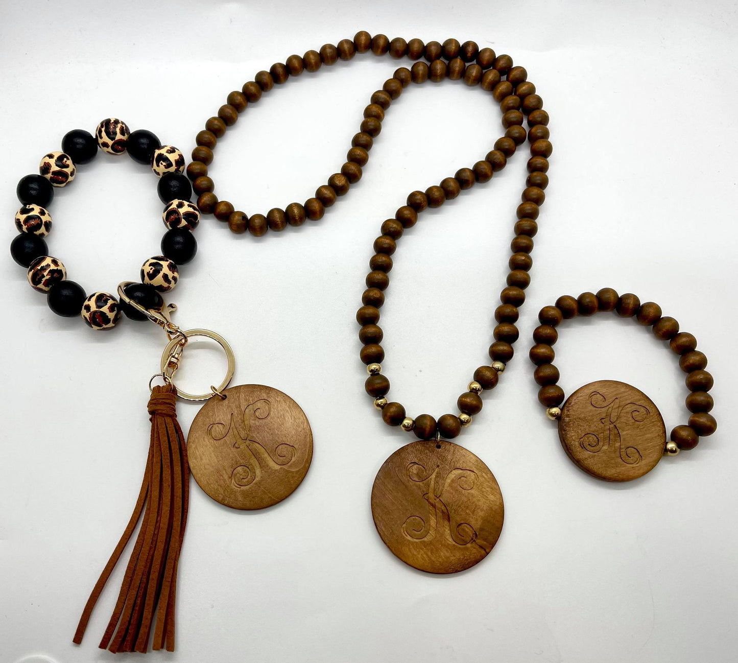 Monogram Long  Beaded Lily Necklaces with Wood Disc