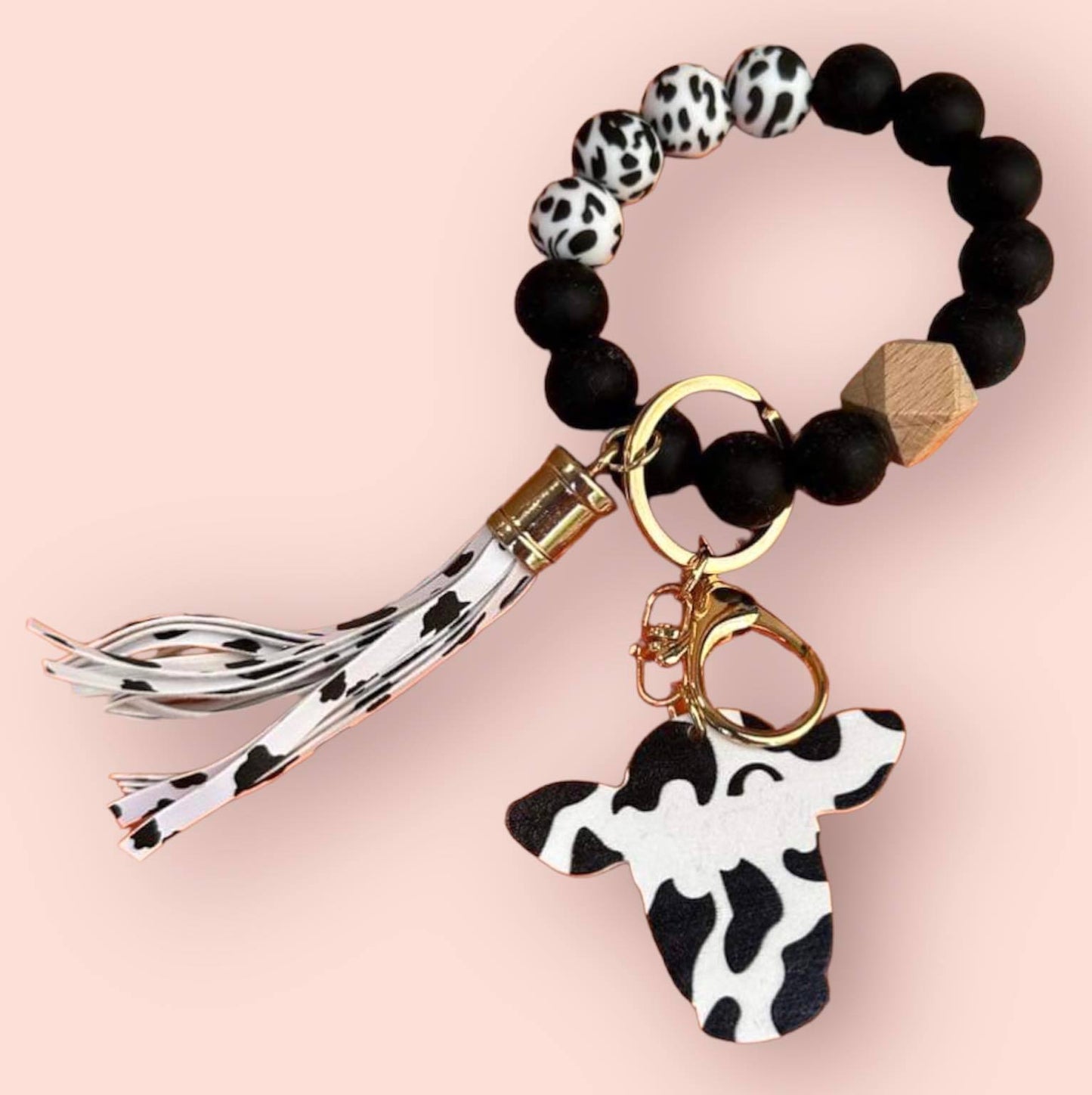 Beaded Stretch Black & White Cow Print Keychain Bracelet with Wood Cow Print Disc.