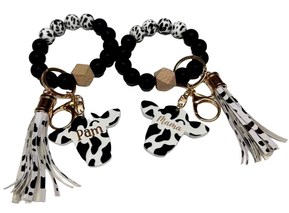Beaded Stretch Black & White Cow Print Keychain Bracelet with Wood Cow Print Disc.
