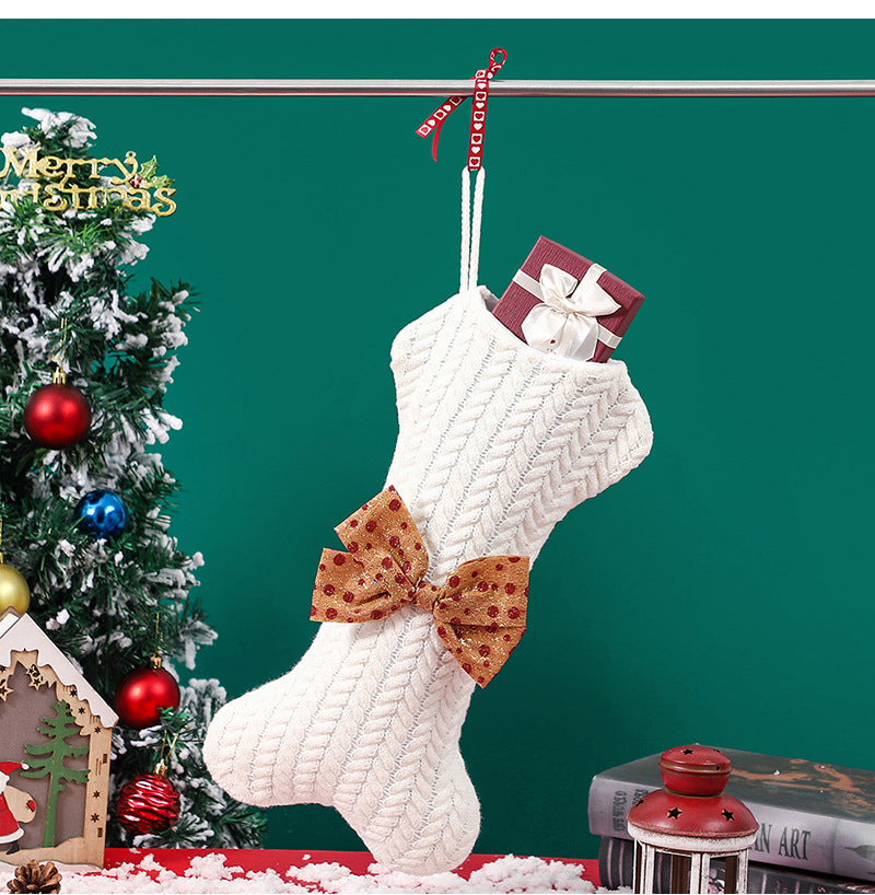 Cable Knit Pet Christmas Stockings, Laser Engraved Custom Leather Patch Monogram Dog Bone Stockings