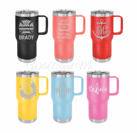 Travel Mug with Handle & Sliding Lid, Personalized 20 oz. Vacuum Insulated