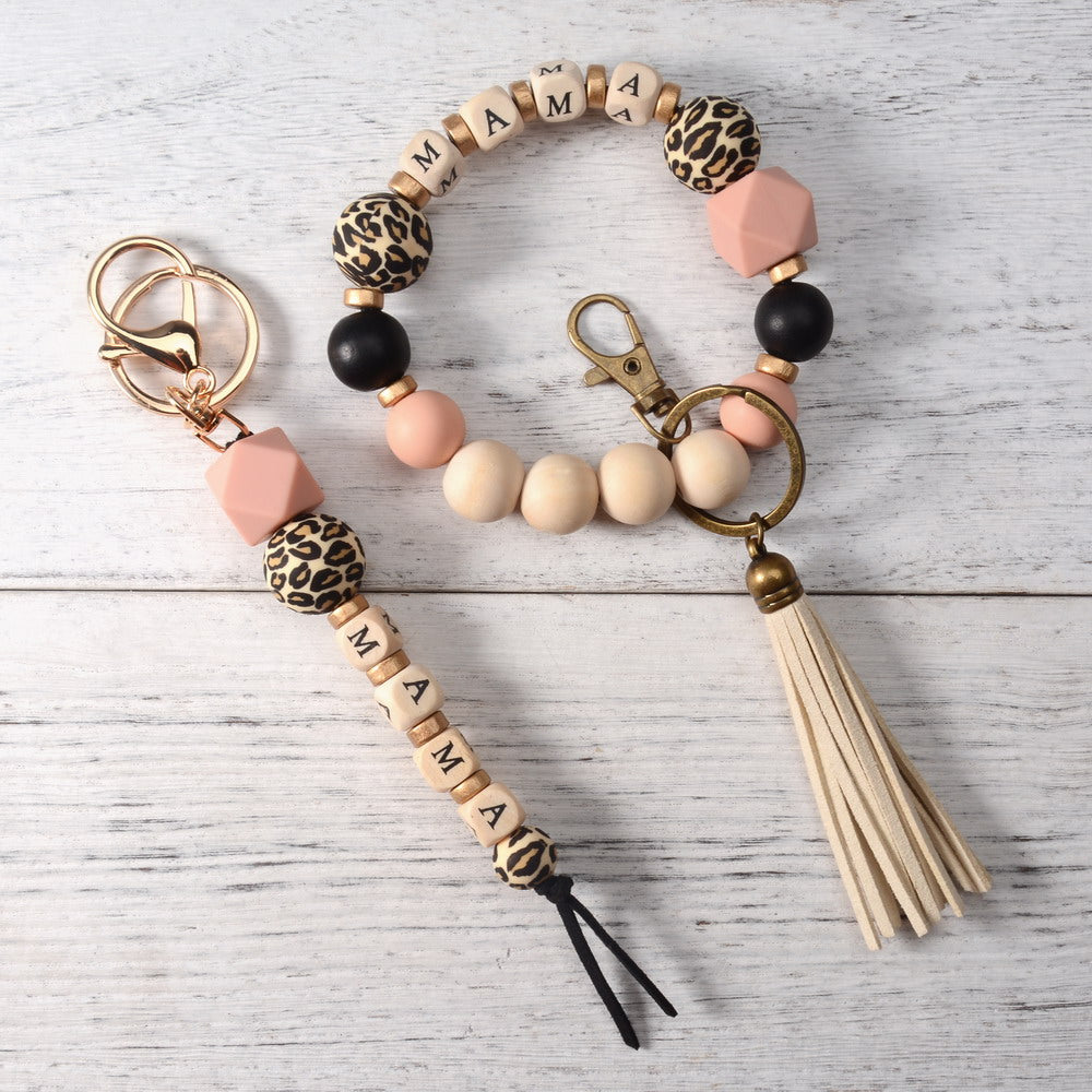 Mama Beaded Stretch Keychain Bracelet with Tassel