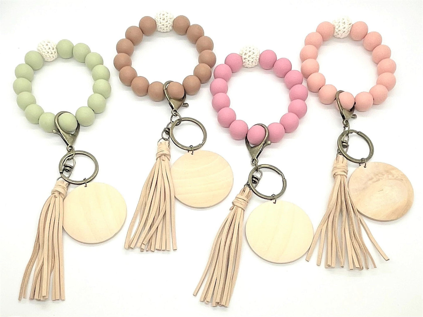 Silicone Beaded Stretch Keychain Bracelet with Monogram Wood Disc