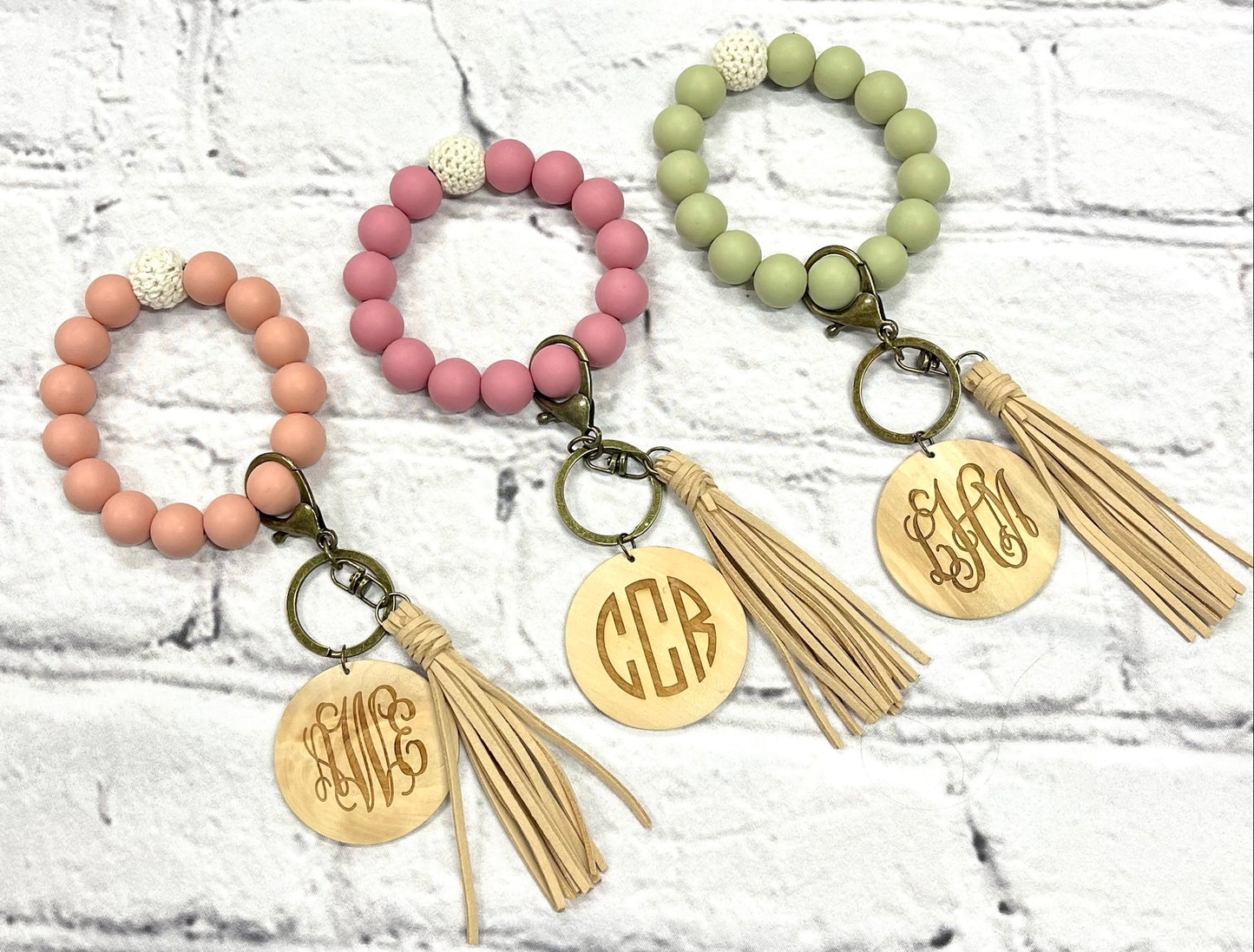 Silicone Beaded Stretch Keychain Bracelet with Monogram Wood Disc