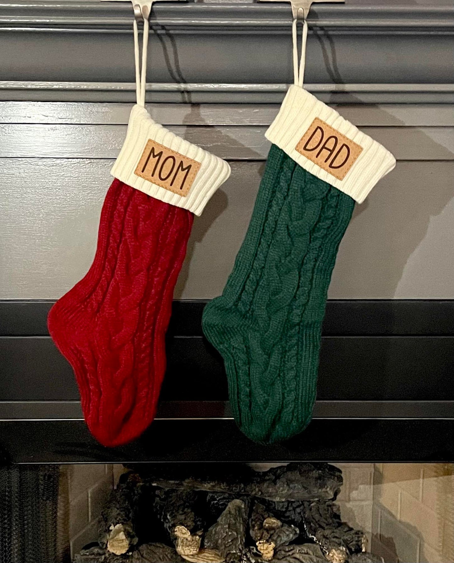 Cable Knit Christmas Stockings, Laser Engraved Custom Leather Patch Stockings