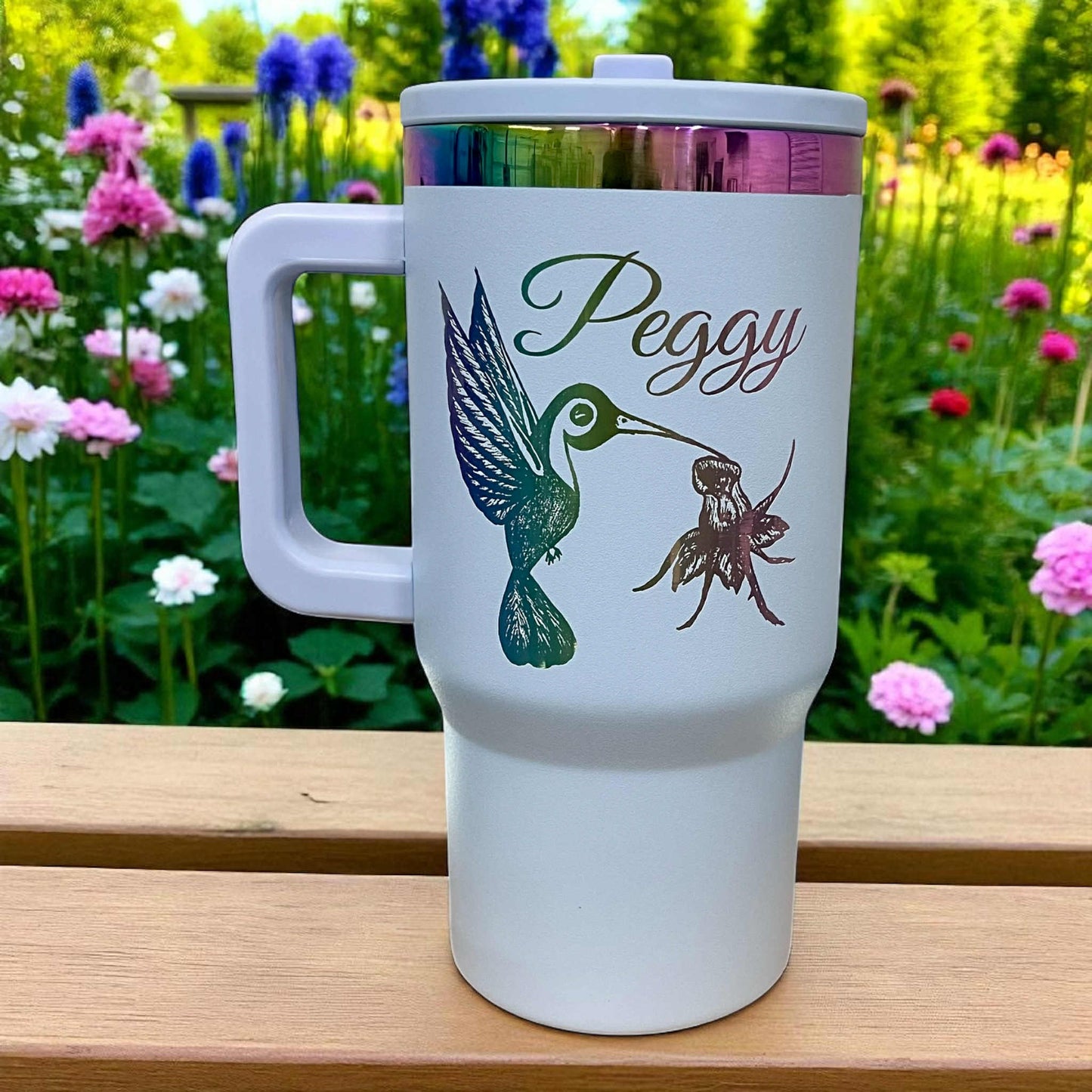 20oz Personalized Laser Engraved Rainbow Plated Stainless Steel Cup with Flip Straw and Handle