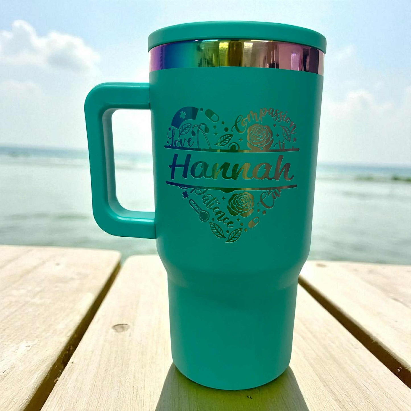 20oz Personalized Laser Engraved Rainbow Plated Stainless Steel Cup with Flip Straw and Handle
