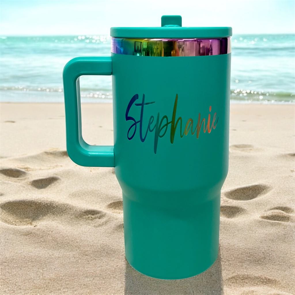 20oz Personalized Laser Engraved Rainbow Plated Stainless Steel Cup with Flip Straw and Handle