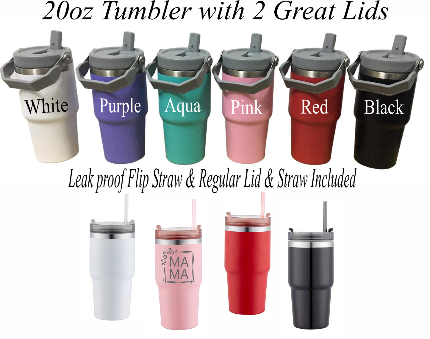 20oz Stainless Steel Cup with Two lids, Flip Straw and Regular Lid with Straw,  Personalized, Laser Engraved insulated Tumbler