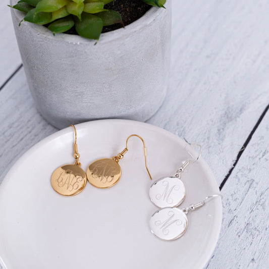 Personalized Polished Silver Round Monogram Disc  Engraved Earrings