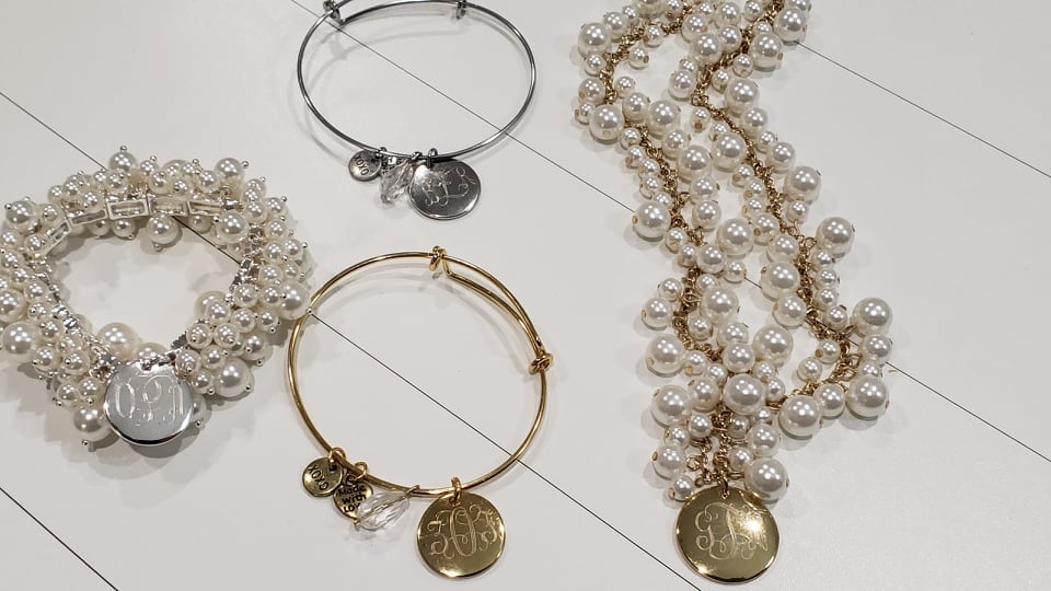 Monogram Silver or Gold Chunky Pearl Bracelet with Engraved Charm