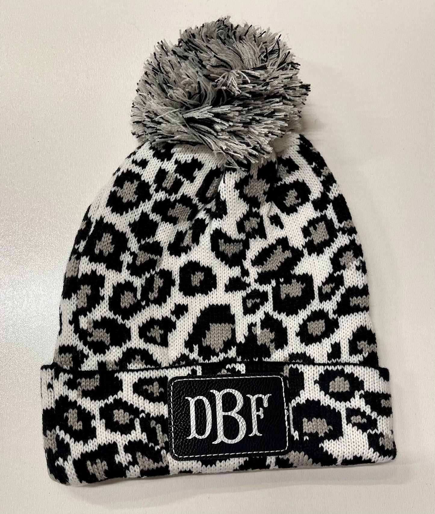Adult Personalized Knitted Leopard PomPom Beanie Caps with Engraved Leather Patch