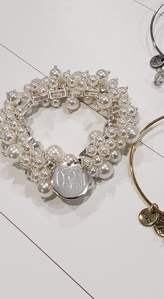 Monogram Silver or Gold Chunky Pearl Bracelet with Engraved Charm