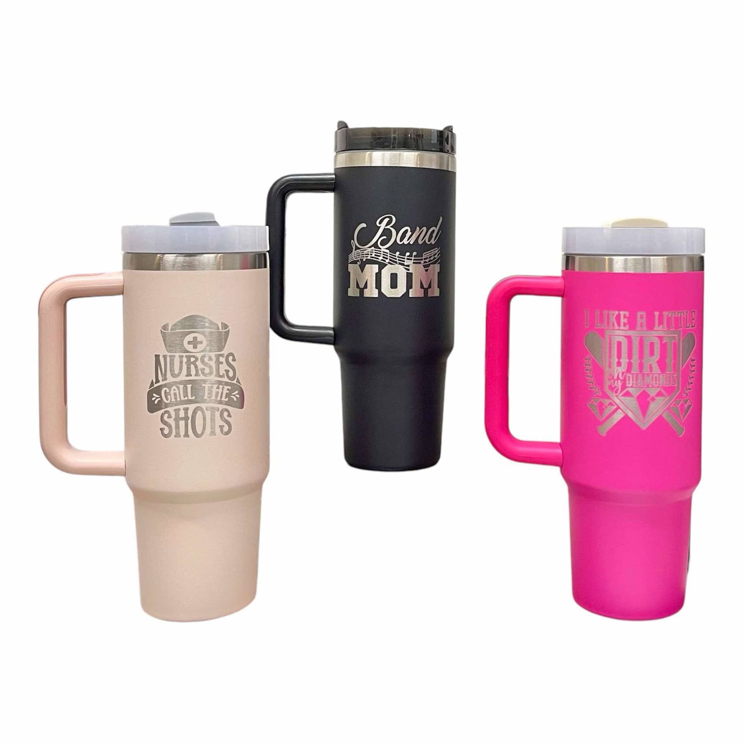 Personalized, Laser Engraved 40oz Stainless Steel Tumbler with Handle.