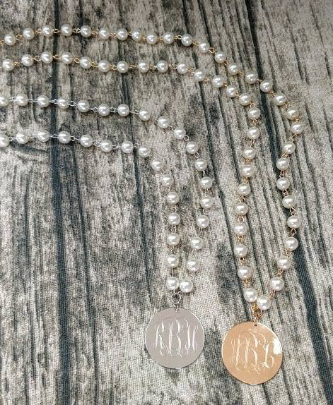 Long 30 inch Pearl Necklace with Monogram Engraved Golf or Silver Charm