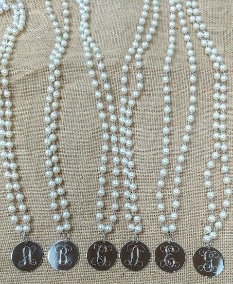 Long 30 inch Pearl Necklace with Monogram Engraved Golf or Silver Charm