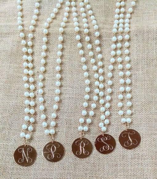 Long 30 inch Pearl Necklace with Monogram Engraved Golf or Silver Charm