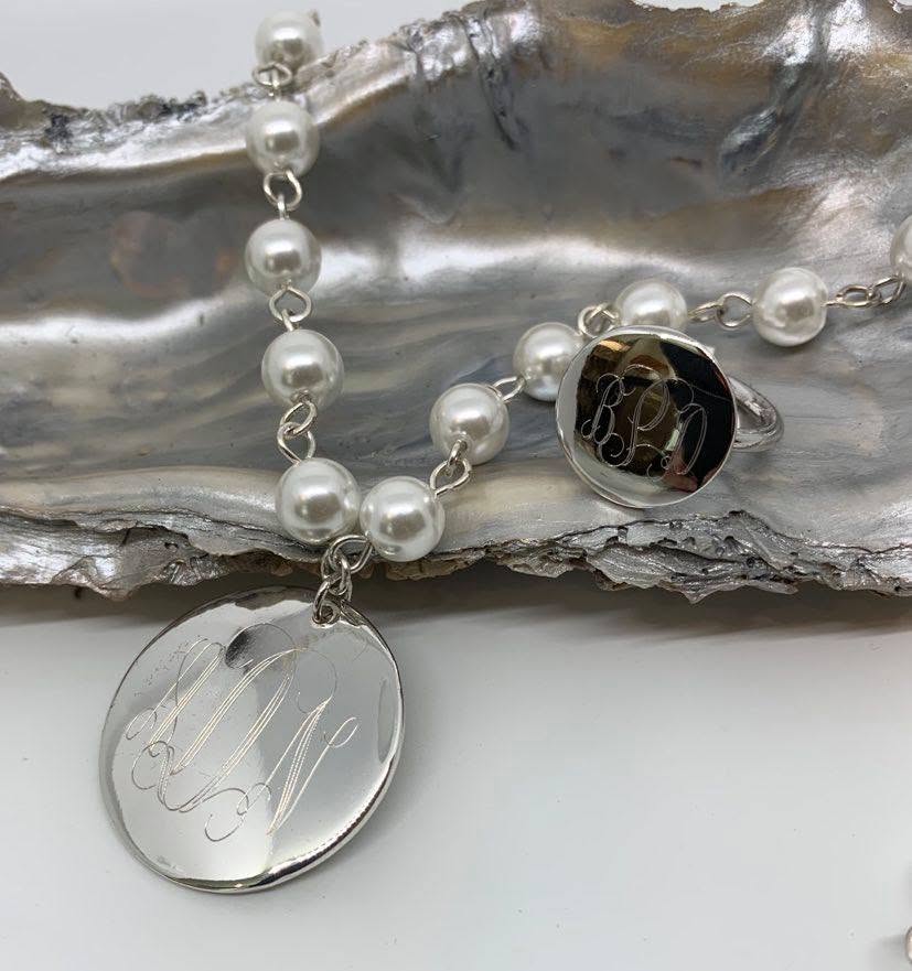 Long 30 inch Pearl Necklace with Monogram Engraved Golf or Silver Charm
