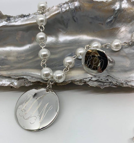 Long 30 inch Pearl Necklace with Monogram Engraved Golf or Silver Charm