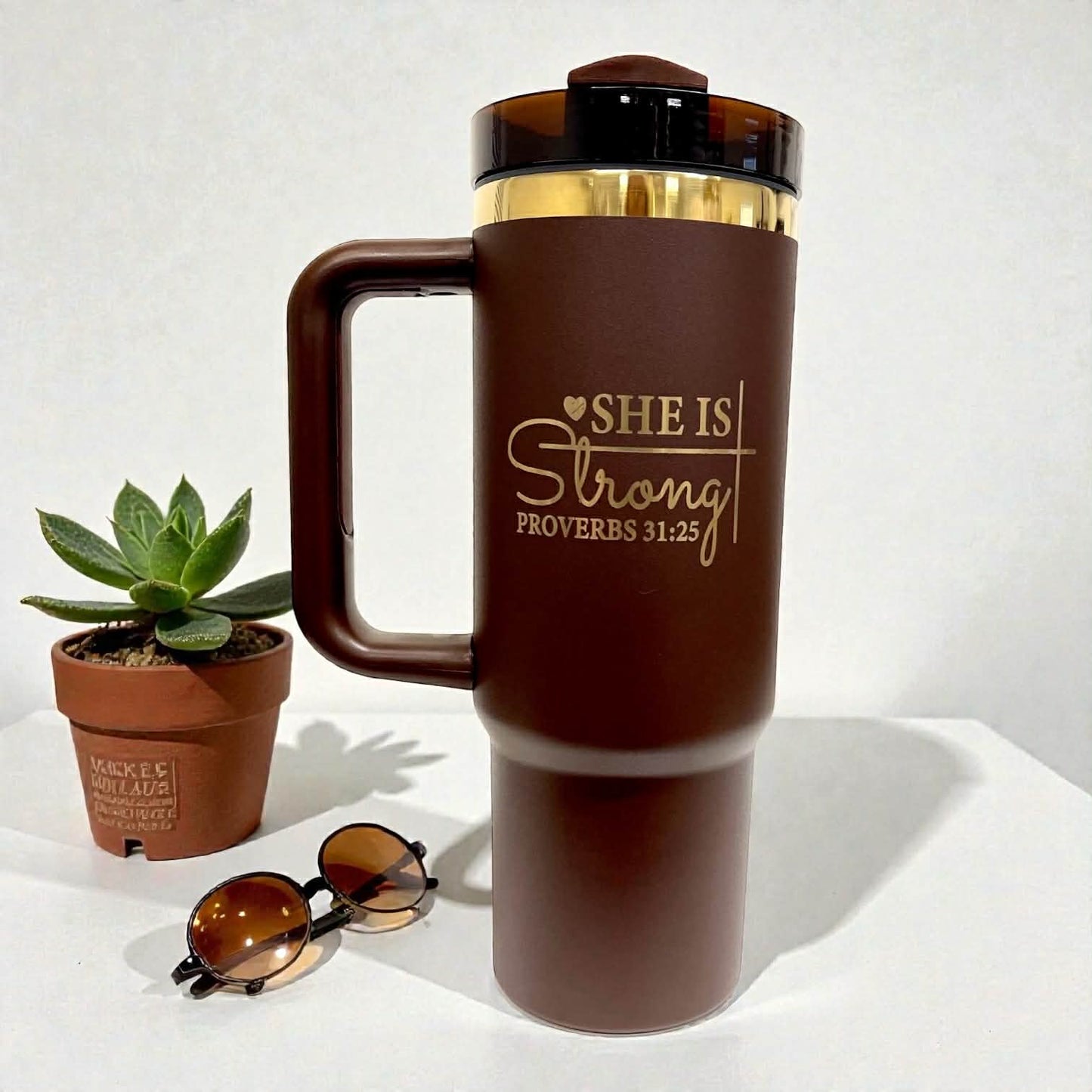30oz Personalized Laser Engraved Stainless Steel Tumbler with Handle Rainbow Prism or Gold Plating