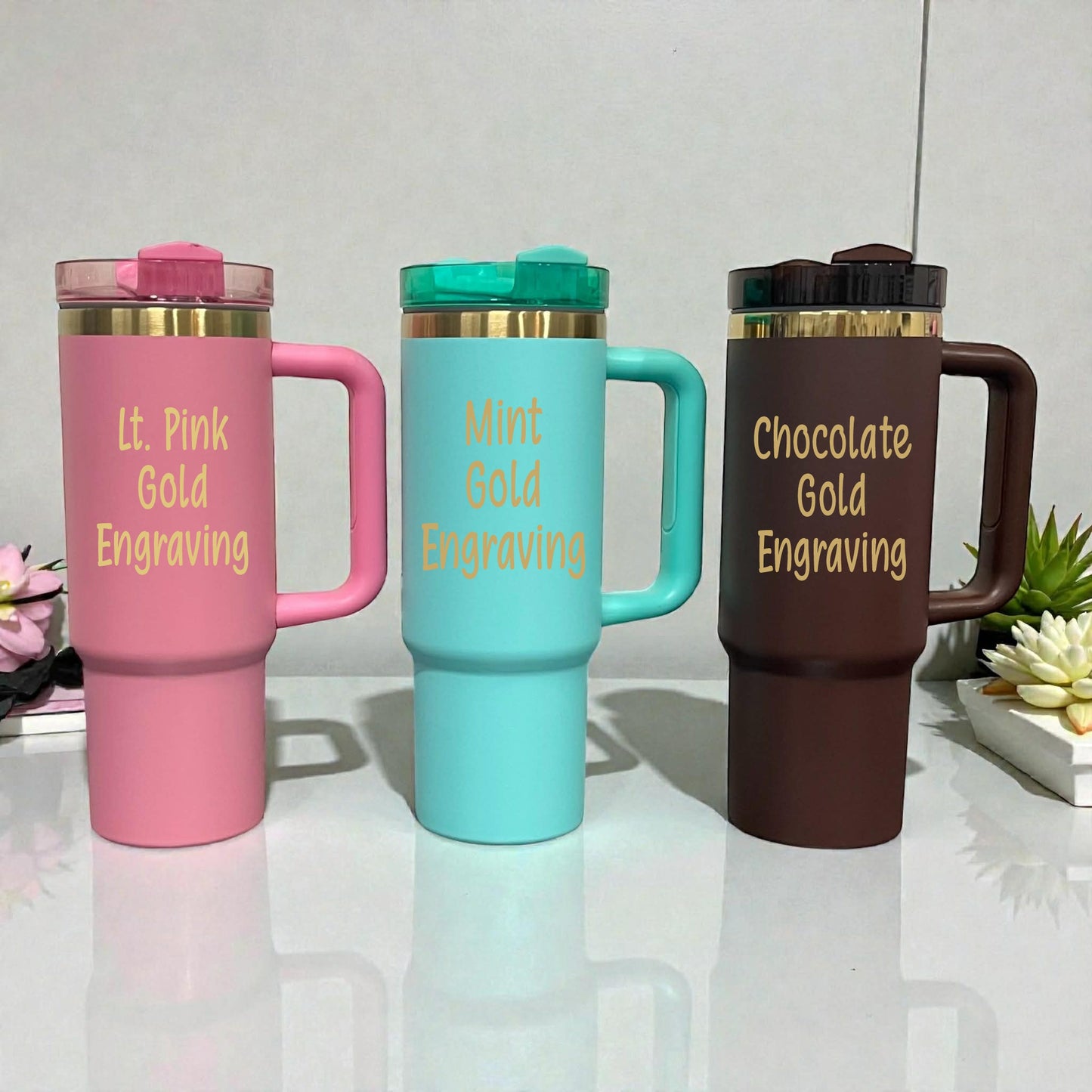 30oz Personalized Laser Engraved Stainless Steel Tumbler with Handle Rainbow Prism or Gold Plating