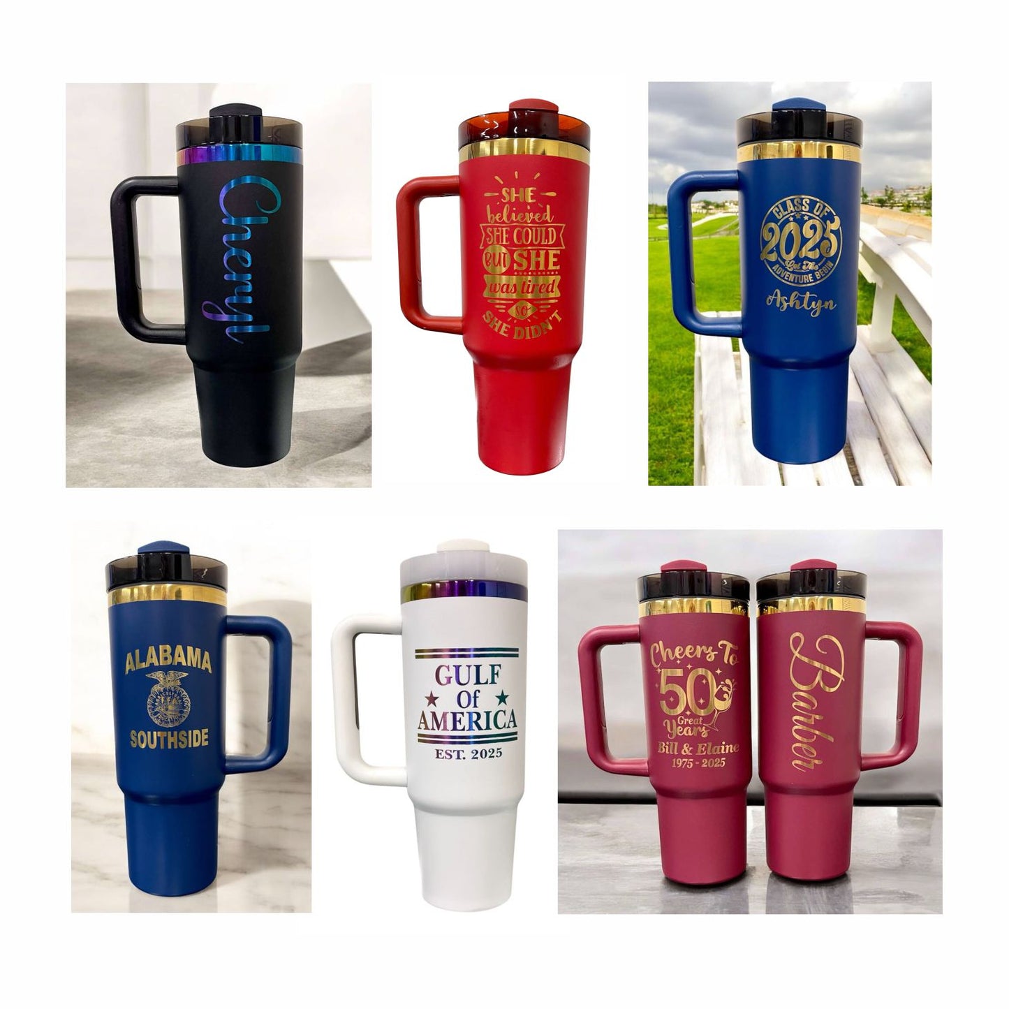 30oz Personalized Laser Engraved Stainless Steel Tumbler with Handle Rainbow Prism or Gold Plating