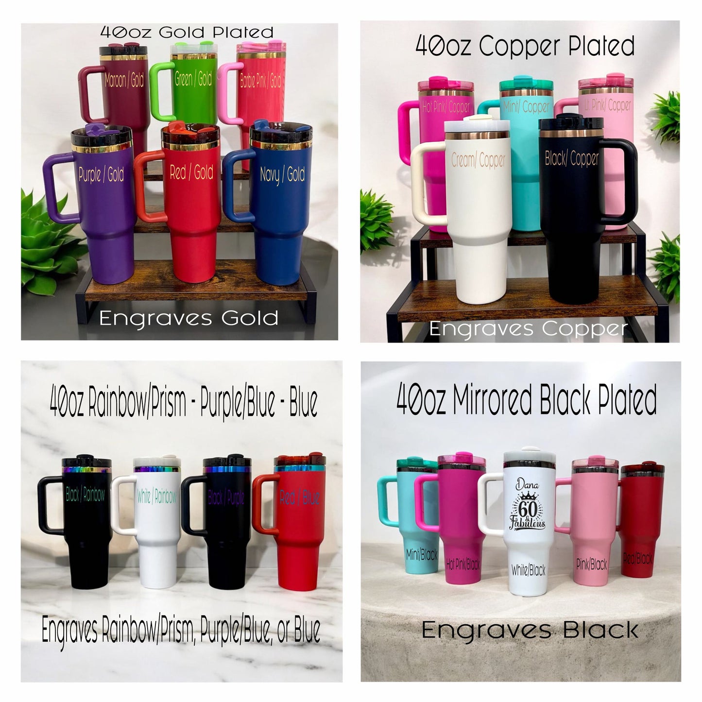 Personalized, Laser Engraved 40oz Stainless Steel Tumbler with Handle, New Color Plating Rainbow, Copper, Gold