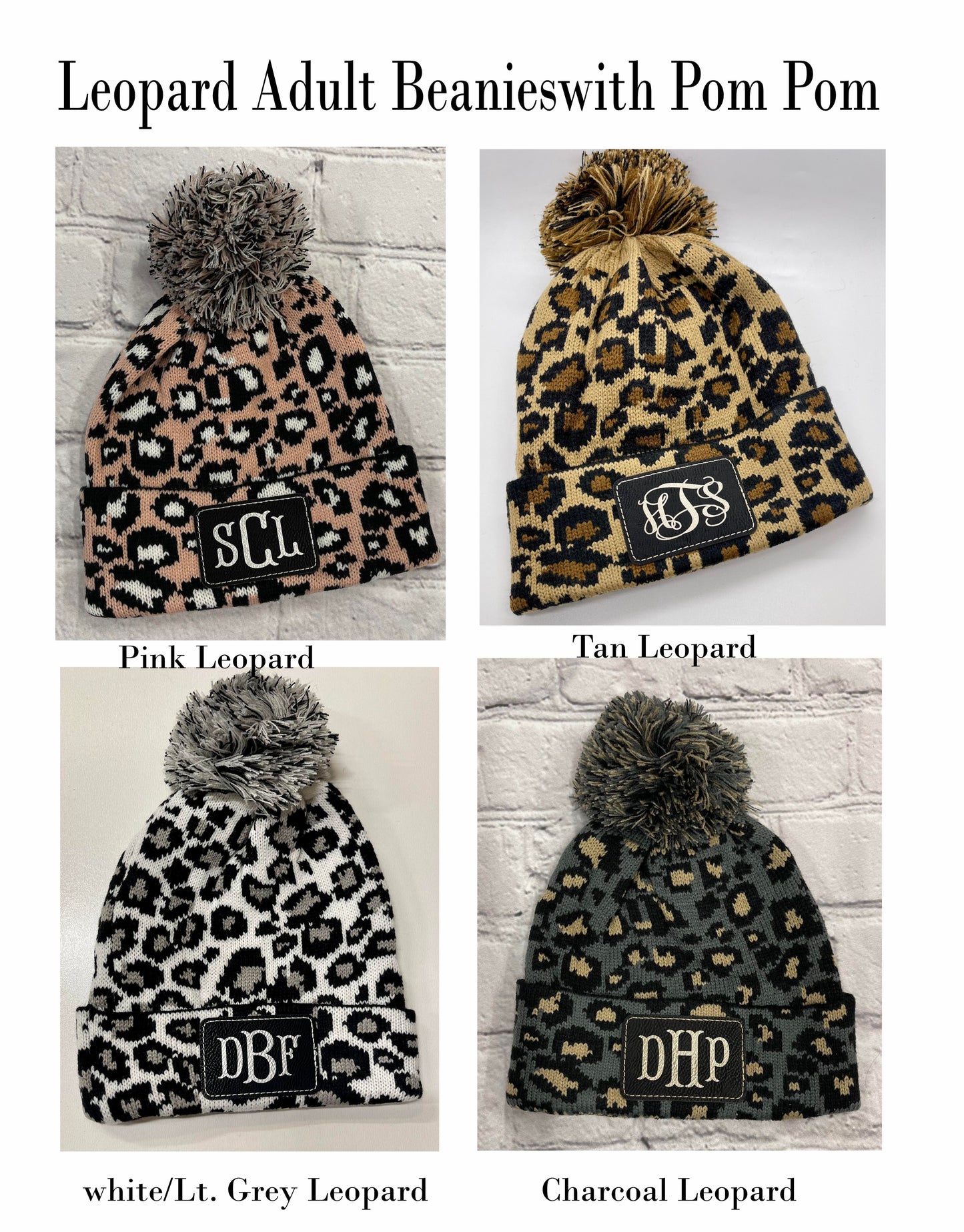 Youth Personalized Plush Knitted Leopard Print  Beanie Caps Pom Pom, with Engraved Leather Patch