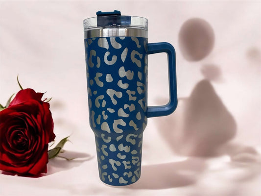 40oz Stainless Steel Laser Engraved Full Wrap Leopard Engraved  Tumbler with Handle