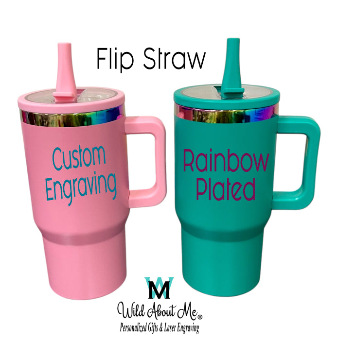 20oz Personalized Laser Engraved Rainbow Plated Stainless Steel Cup with Flip Straw and Handle