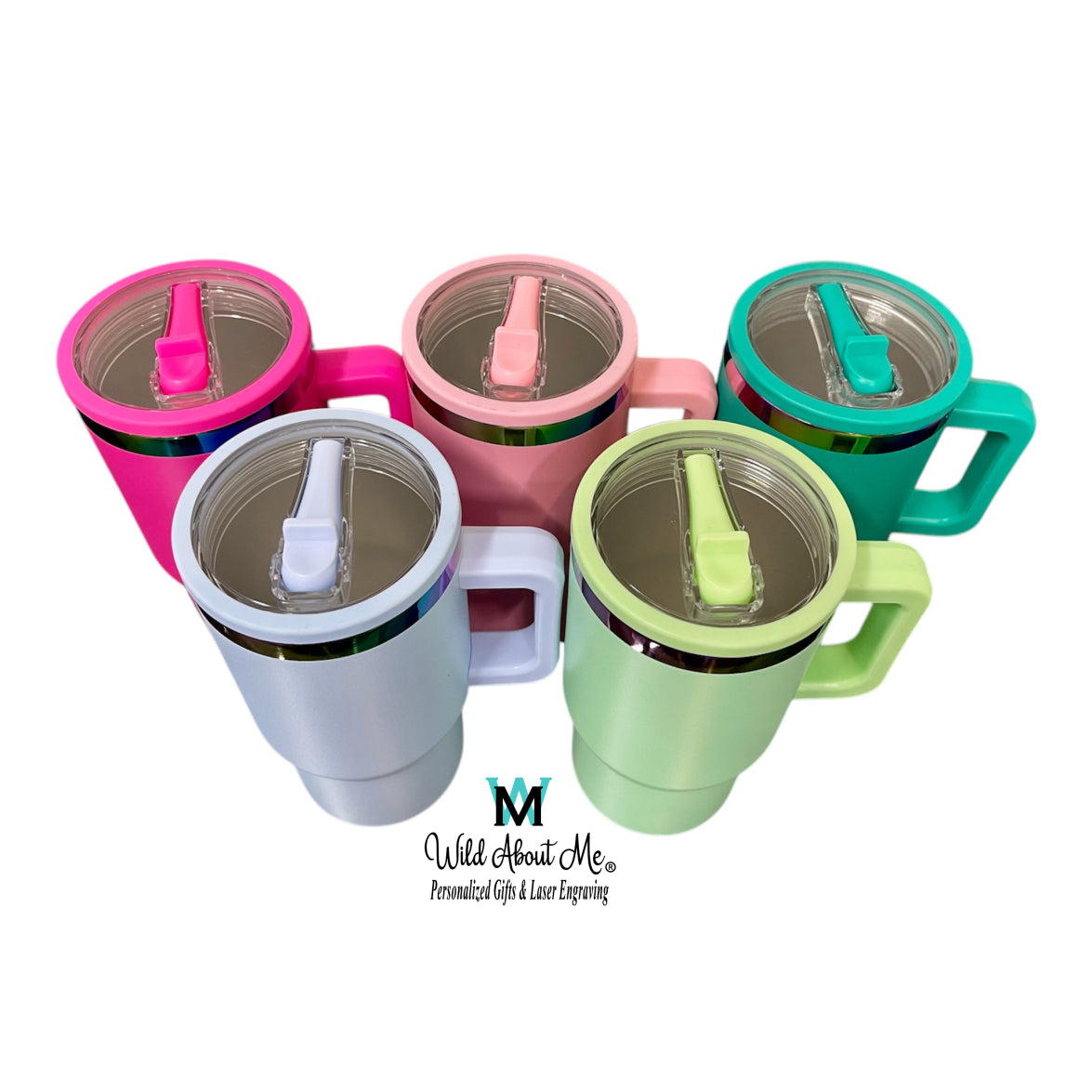 20oz Personalized Laser Engraved Rainbow Plated Stainless Steel Cup with Flip Straw and Handle